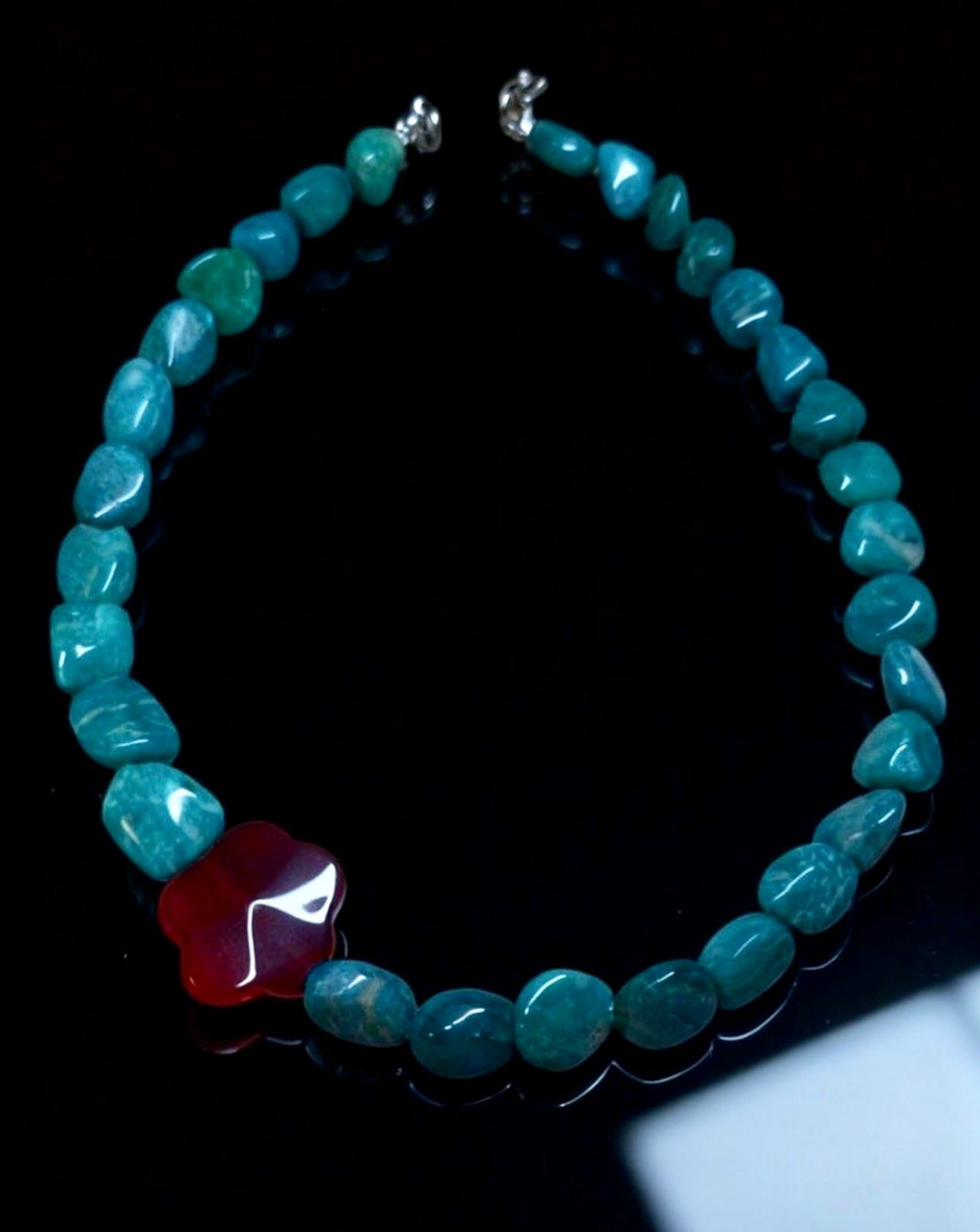 Natural Red Agate & Old Mine Amazonite Designer Necklace | Vitality & Courage Dual Energy | Root Chakra & Throat Chakra | Mother's Day Birthday Gift for Her | 設計款紅瑪瑙x老礦天河石項鏈｜活力x勇氣 雙重能量｜海底輪x喉輪