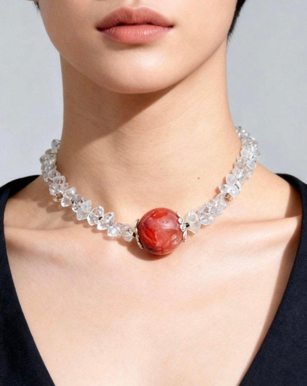 Black Rutilated Quartz × Red Hematoid Quartz × Herkimer Diamond Necklace｜Protection・Wealth・Energy 14-27mm 44cm｜黑髮晶×紅膠花×閃靈鑽設計款項鏈｜辟邪招財能量守護