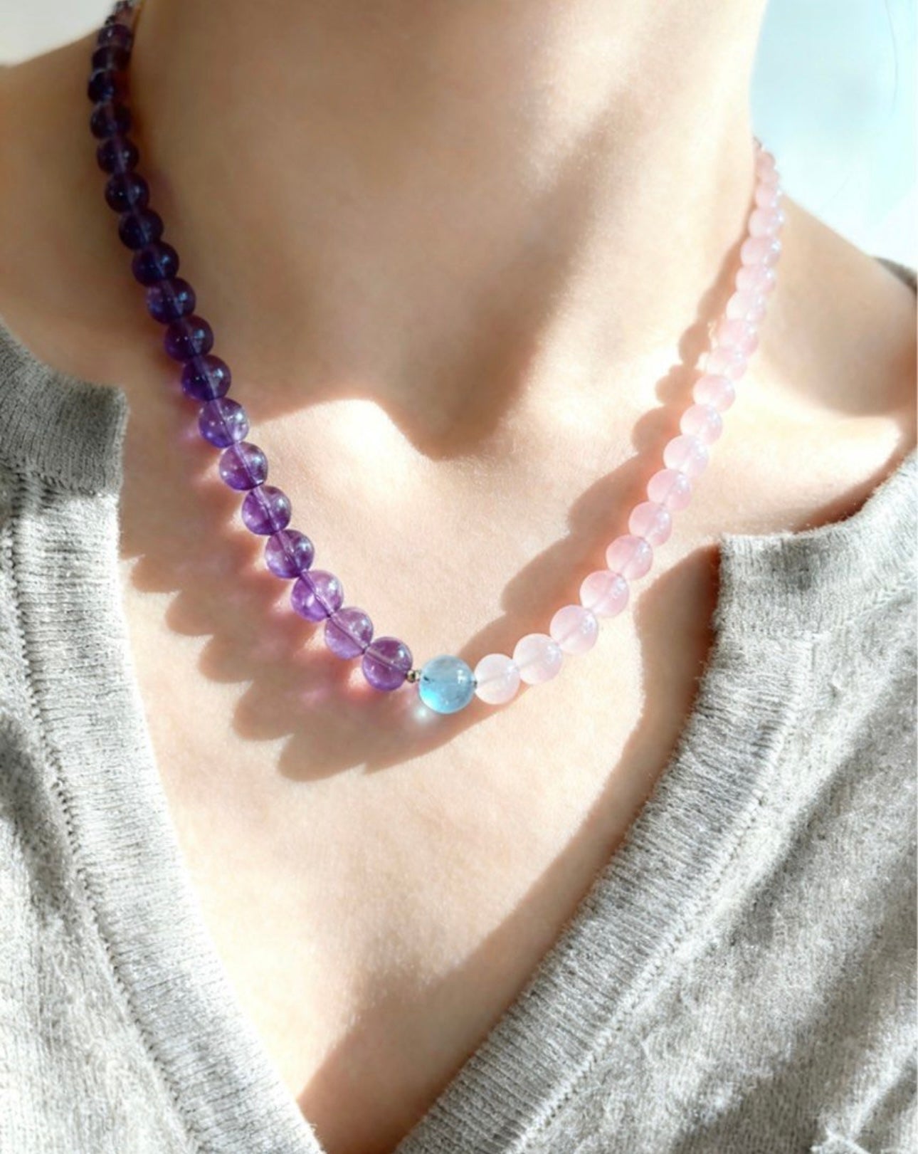 Designer Rose Quartz × Amethyst × Aquamarine Necklace｜43cm｜7-9mm｜Heart・Third Eye・Throat Chakra Energy｜設計款粉晶×紫水晶×海藍寶項鏈｜心輪・眉心輪・喉輪能量