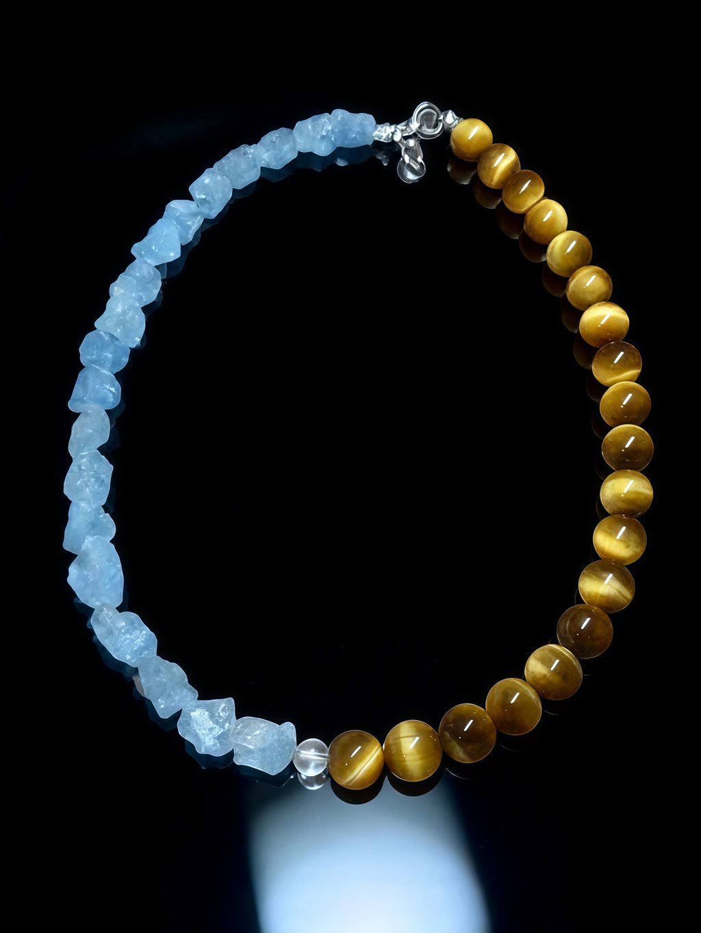 Natural Tiger Eye & Aquamarine Beaded Necklace｜10mm 44cm Crystal Healing Necklace｜Courage Stone & Communication Stone｜Throat Chakra Solar Plexus Balancing Jewelry for Women｜天然虎眼石 x 海藍寶 設計款水晶項鏈｜勇氣之石 x 溝通之石｜招財旺事業 增強自信 平衡喉輪