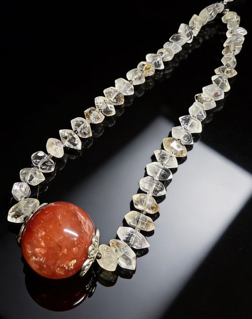 Black Rutilated Quartz × Red Hematoid Quartz × Herkimer Diamond Necklace｜Protection・Wealth・Energy 14-27mm 44cm｜黑髮晶×紅膠花×閃靈鑽設計款項鏈｜辟邪招財能量守護