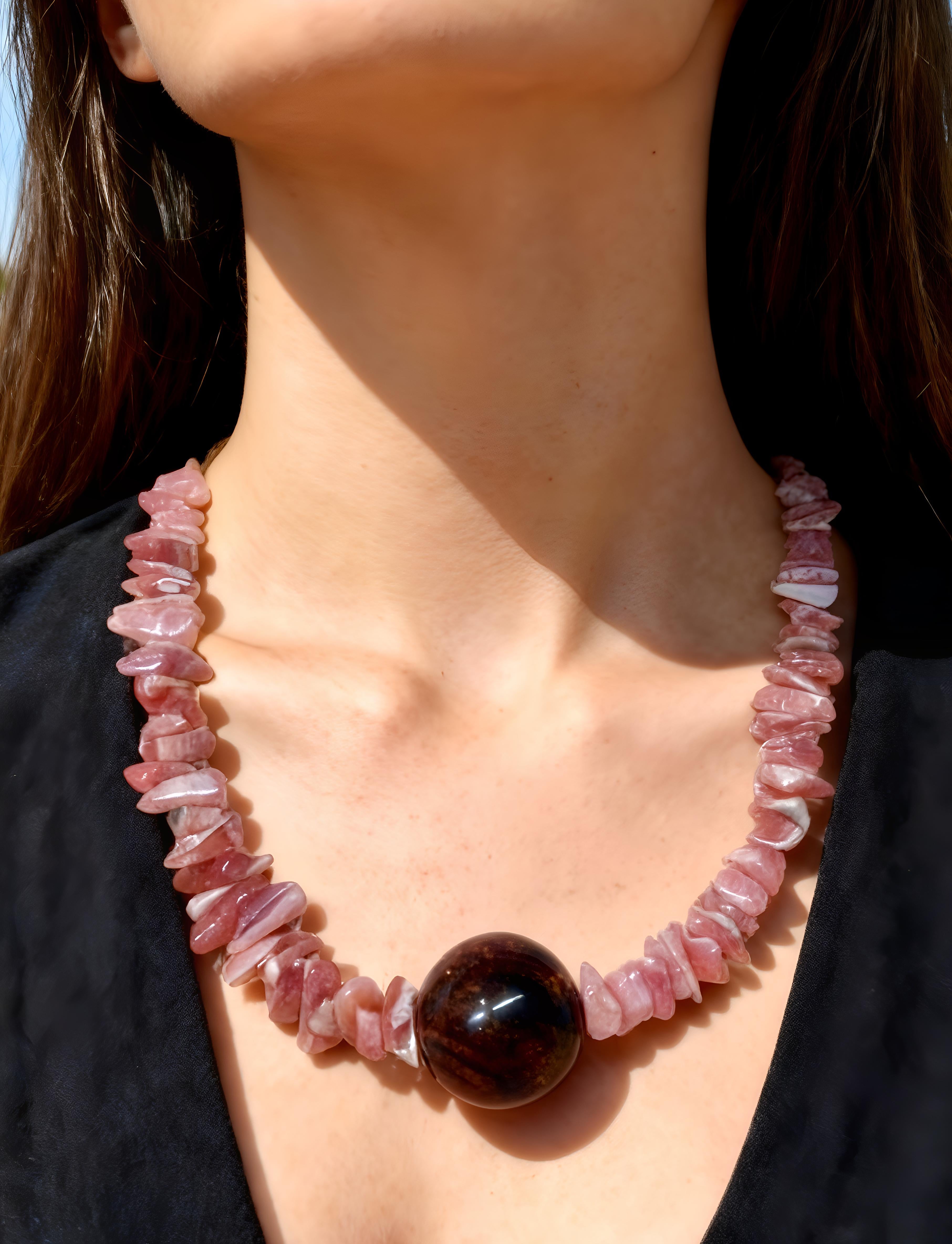 Designer Rhodochrosite Chip Necklace｜48cm｜9-25mm Pink Stone with Brown Orb｜Heart Chakra Healing・Gentle Power｜紅紋石設計款項鏈｜粉紅石片與棕色圓珠｜心輪療癒・溫柔力量
