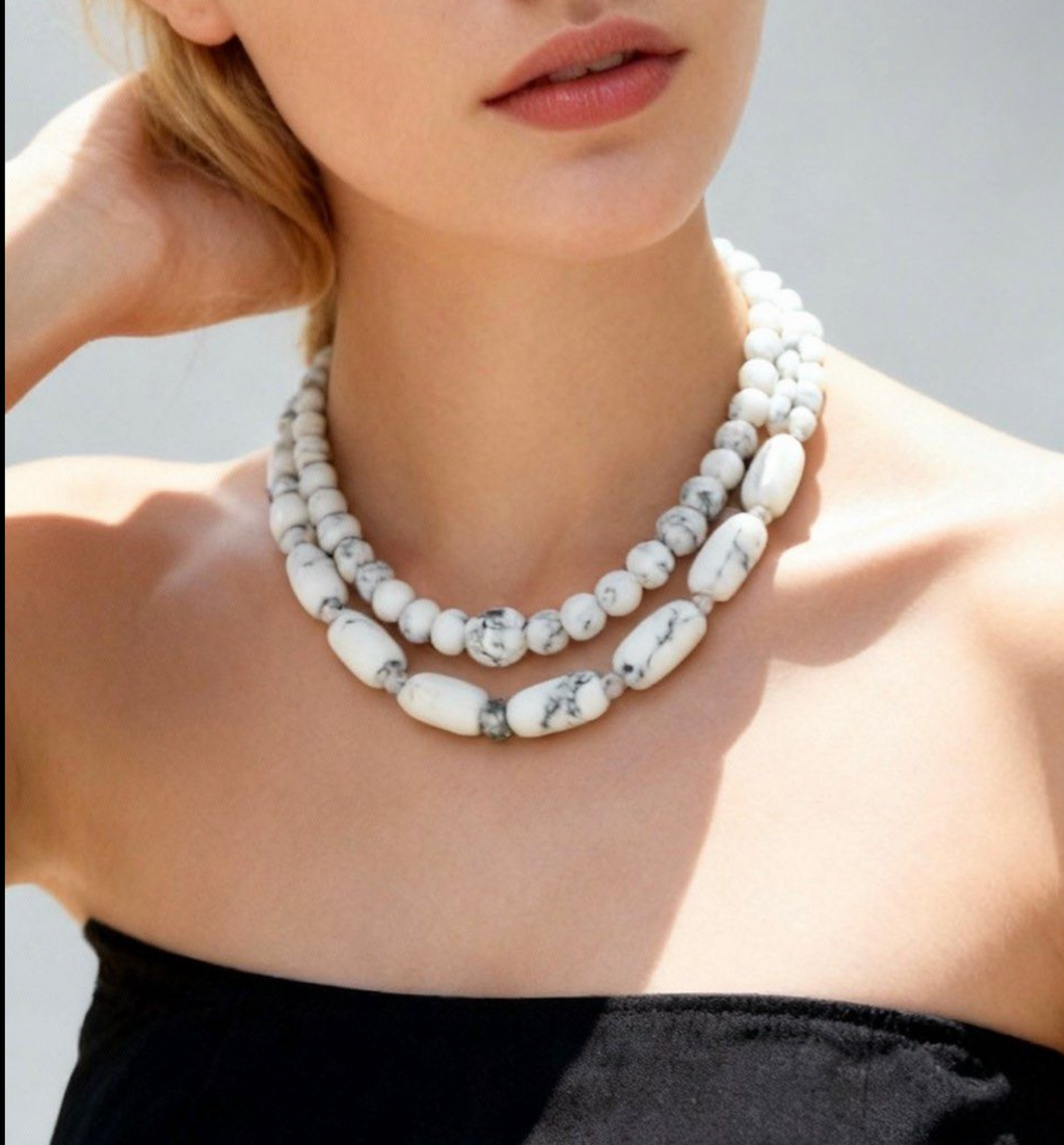 Vintage Cultural White Turquoise Beaded Necklace | Silver Carved Spacer Design｜復古文創白松石串珠項鍊｜銀色雕花隔珠設計款