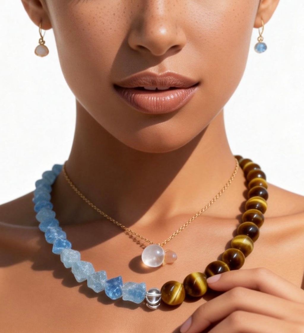 Natural Tiger Eye & Aquamarine Beaded Necklace｜10mm 44cm Crystal Healing Necklace｜Courage Stone & Communication Stone｜Throat Chakra Solar Plexus Balancing Jewelry for Women｜天然虎眼石 x 海藍寶 設計款水晶項鏈｜勇氣之石 x 溝通之石｜招財旺事業 增強自信 平衡喉輪