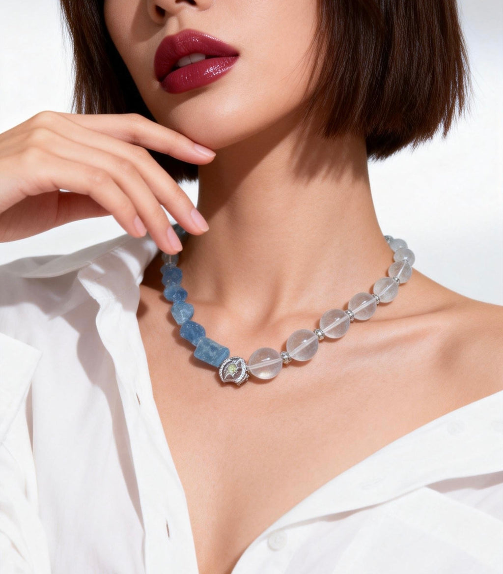 Designer Aquamarine & Clear Quartz Necklace｜43cm｜11-15mm Natural Stone｜Clarity & Amplified Energy｜設計款海藍寶白水晶項鏈｜天然石｜清晰與能量
